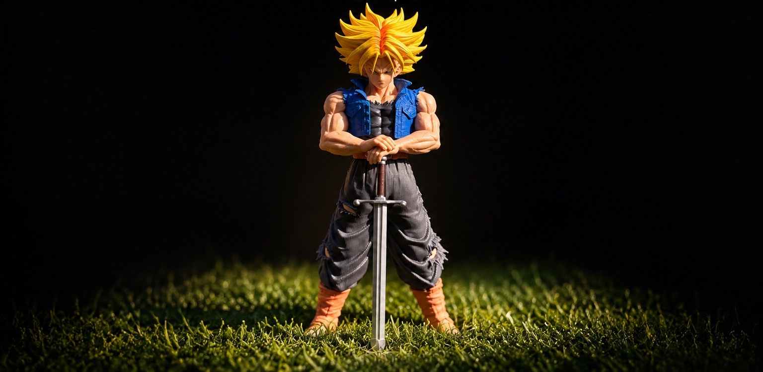 Collectible anime action figure standing with a sword on grass against a dark background